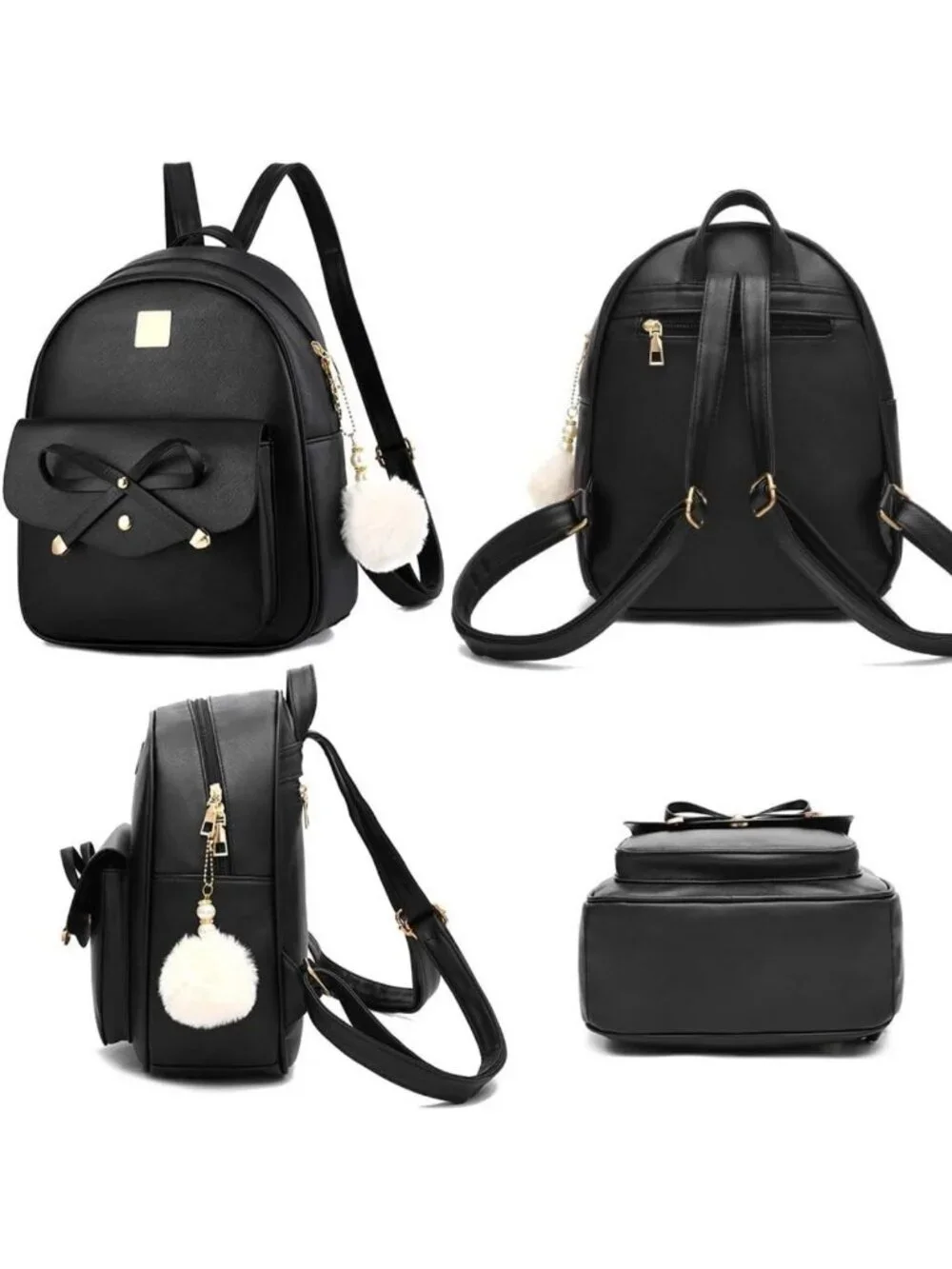 Trendy Girls 3-Piece Bowknot Leather Backpack Purse & Rucksack Shoulder Bag